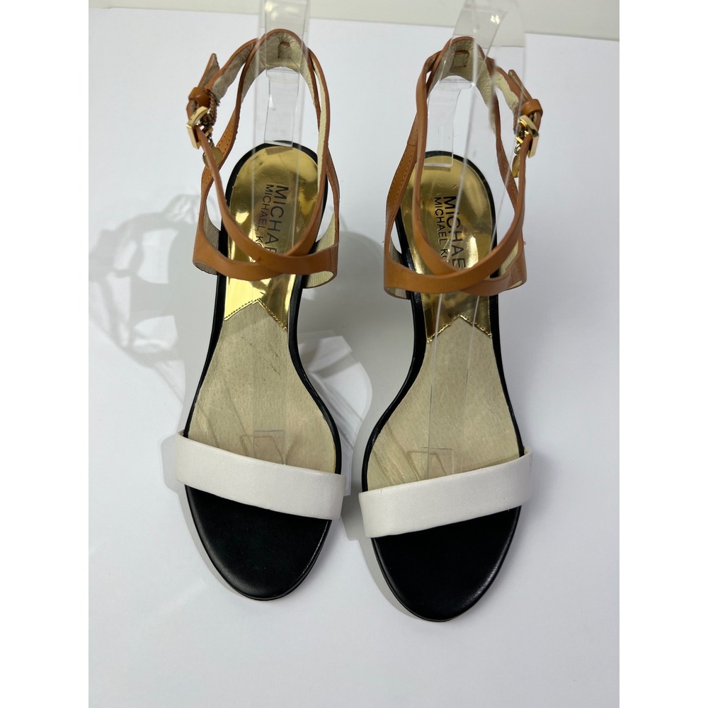 Michael Kors Womens Leather Ankle Strap Heels Tan White Black Size 6.5 - Picture 11 of 13